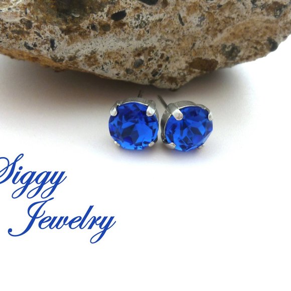Sapphire Blue Crystal Gumdrop Earrings, 8mm Solitaire Studs, Posts, Silver Tone - Picture 5 of 6